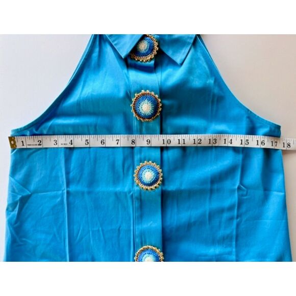 NWT My Beachy Side Amber Hand Crochet Buttons Halter Mini Dress in Blue Medium - Picture 16 of 16